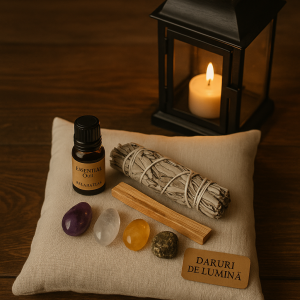 🌿 Set Ritualic „Curățare Sacră” 🌿 Pentru purificare, protecție și reîntoarcerea la tine.  Acest set este creat pentru momentele în care simți nevoia să cureți spațiul, să elimini energiile stagnante și să îți înalți vibrația. Un aliat ideal pentru ritualuri zilnice, meditație sau după o zi încărcată.  💫 Conține:  1 x Smudge stick de Salvie Albă Californiană (15–20 cm) – curăță energiile negative și aduce claritate mentală.  1 x Băț de Palo Santo (lemn sfânt din Peru) – pentru armonie, relaxare și conexiune spirituală.  Cutie sau săculeț din bumbac natur (opțional: sigilat cu logo-ul Daruri de Lumină)  🌬️ Mod de folosire: Aprinde salvie sau palo santo, suflă ușor în flacără până rămâne doar fumul, apoi plimbă-l în jurul corpului tău sau prin încăpere. Repetă o afirmație pozitivă, cum ar fi: „Curăț spațiul și sufletul meu cu lumină și iubire.”  🔮 Beneficii: Purifică aura și spațiul locativ  Eliberează tensiunea acumulată  Sprijină somnul, meditația și liniștea sufletească  Ideal pentru ritualuri de Lună Nouă sau Plină