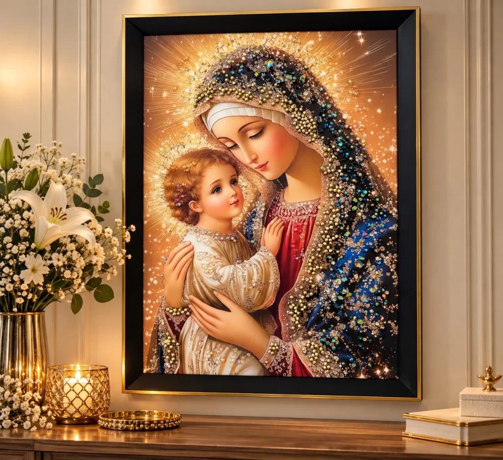 Tablou Maica Domnului cu Pruncul Iisus – pietricele decorative, ramă neagră cu contur auriu – 40 × 30 cm