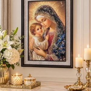 Tablou Maica Domnului cu Pruncul Iisus Hristos, pietricele și sclipici – ramă elegantă – 72 × 52 cm