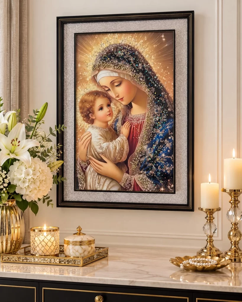 Tablou Maica Domnului cu Pruncul Iisus Hristos, pietricele și sclipici – ramă elegantă – 72 × 52 cm